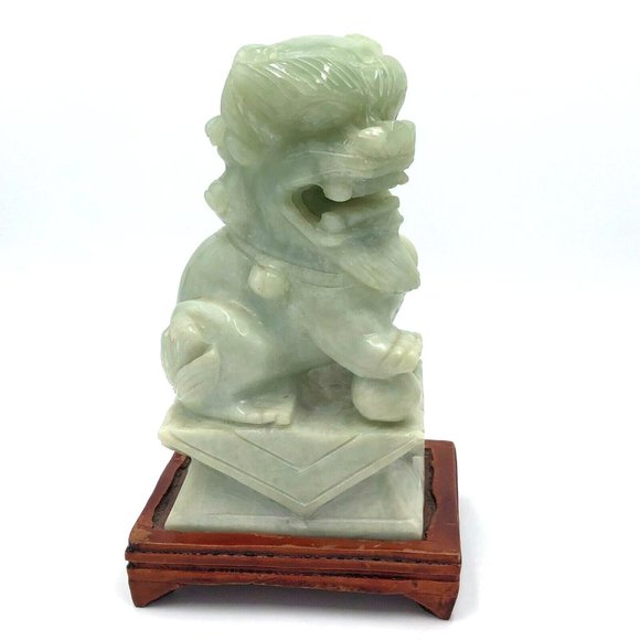 Vintage Light Green Jade Foo Dog Shishi Fu Lion Chinese Statue Figure Base 5.3" - Picture 1 of 10